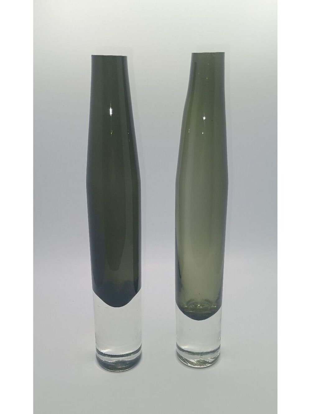Pair of Tall Smokey Gray and Clear Glass Bud Vases